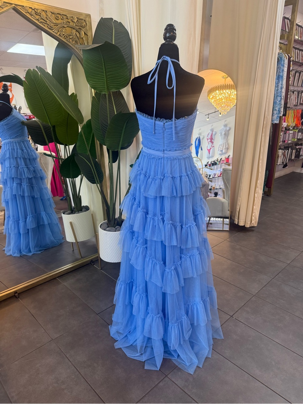 Camille La Vie Powder Blue Halter Ruffle Tiered Maxi Dress - Picture 3 of 4